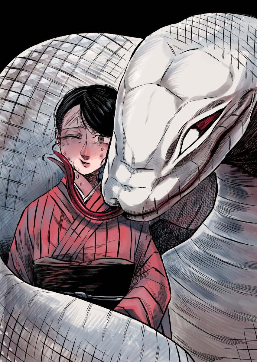 1girl animal black_background black_hair crying daija_(daija_ni_totsuida_musume) daija_ni_totsuida_musume forked_tongue giant_snake grey_eyes highres interspecies japanese_clothes kimono kumoashif licking_tears miyo_(daija_ni_totsuida_musume) obi one_eye_closed oversized_animal sash scar scar_on_face scar_on_forehead simple_background snake tongue white_eyes white_snake