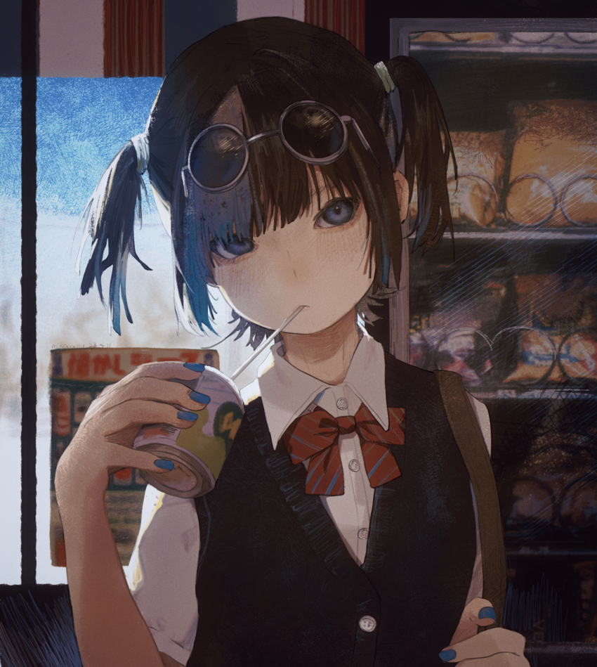 1girl bag black_hair black_vest blue_eyes blue_nails bow bowtie buttons can collared_shirt drink drinking drinking_straw eyewear_on_head fingernails head_tilt highres holding holding_drink looking_at_viewer mikasamu multicolored_hair nail_polish original red_bow red_bowtie round_eyewear school_uniform shirt short_hair short_sleeves short_twintails solo striped_bow striped_bowtie striped_clothes sunglasses twintails upper_body vest white_shirt