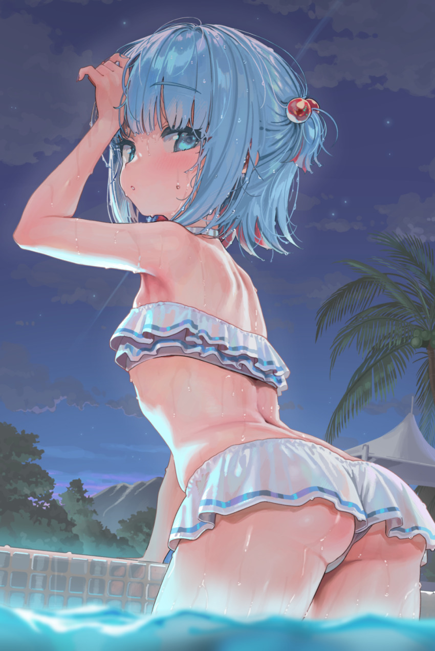 1girl ass bikini bikini_skirt blue_eyes blue_hair blush breasts cloud coconut_tree commentary_request frilled_bikini frills hand_up highres indie_virtual_youtuber kanzarin kanzarin_(vtuber) looking_at_viewer median_furrow night open_mouth outdoors palm_tree partially_underwater_shot pool pussy_juice short_hair small_breasts solo swimsuit tree two_side_up virtual_youtuber wading wet white_bikini