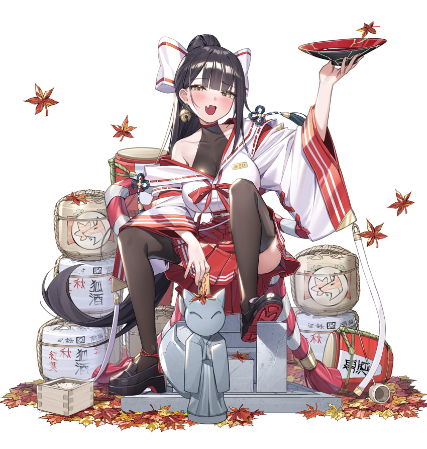 1girl alcohol autumn_leaves bare_shoulders bell bell_earrings blush bodysuit breasts earrings fang full_body highres japanese_clothes jewelry kimono kouhak_ kouhaku_nawa large_breasts leaf leaves long_hair nawa open_mouth original pantyhose piyo_(piyo8415) ponytail ribbon rice rope sake see-through_bodysuit see-through_clothes shimenawa shoes sitting skirt smile solo statue white_background yellow_eyes