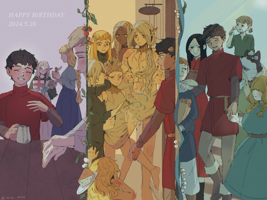 6+boys 6+girls arm_tattoo birthday black_eyes black_hair blonde_hair blue_eyes bouquet braid brown_hair cake chest_tattoo cithis dark-skinned_female dark-skinned_male dark_elf dark_skin dated dia_(dungeon_meshi) dog_boy dress dungeon_meshi dwarf elf facial_mark fairy fairy_(dungeon_meshi) fleki flower food forehead_mark gift gnome gorget grey_eyes grey_hair hair_around_ear halfling happy_birthday highres holding holding_bouquet holding_hands holding_party_popper holm_kranom kabru kobold kuro_(dungeon_meshi) laios_touden long_hair long_sleeves low_twintails lycion marcille_donato medium_hair mickbell_tomas milsiril_(dungeon_meshi) mithrun momite_(3sita_yarou) mother_and_son multiple_boys multiple_girls notched_ear otta_(dungeon_meshi) party party_popper pattadol pointy_ears rin_(dungeon_meshi) shirt short_hair smile tattoo topless_male tunic twintails very_short_hair yellow_eyes