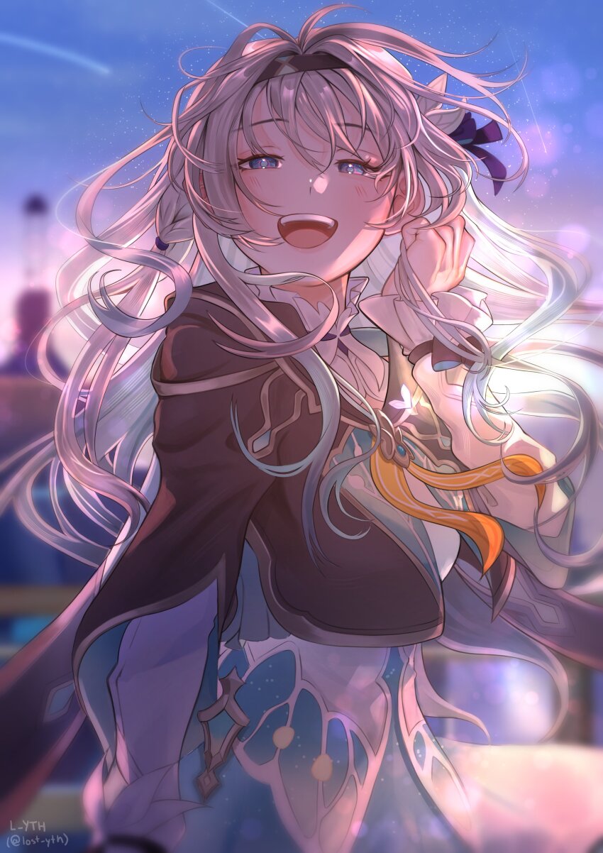 1girl :d absurdres antenna_hair arm_at_side black_hairband black_jacket blue_eyes blue_ribbon blue_skirt blurry blurry_background bow collared_shirt cowboy_shot cropped_jacket evening firefly_(honkai:_star_rail) floating_hair grey_hair hair_between_eyes hair_bow hair_intakes hair_ribbon hairband hand_up highres honkai:_star_rail honkai_(series) jacket l_yth lens_flare long_hair looking_at_viewer neckerchief open_mouth orange_neckerchief outdoors pleated_skirt ribbon shirt shooting_star sidelocks skirt smile solo teeth upper_teeth_only white_bow white_shirt