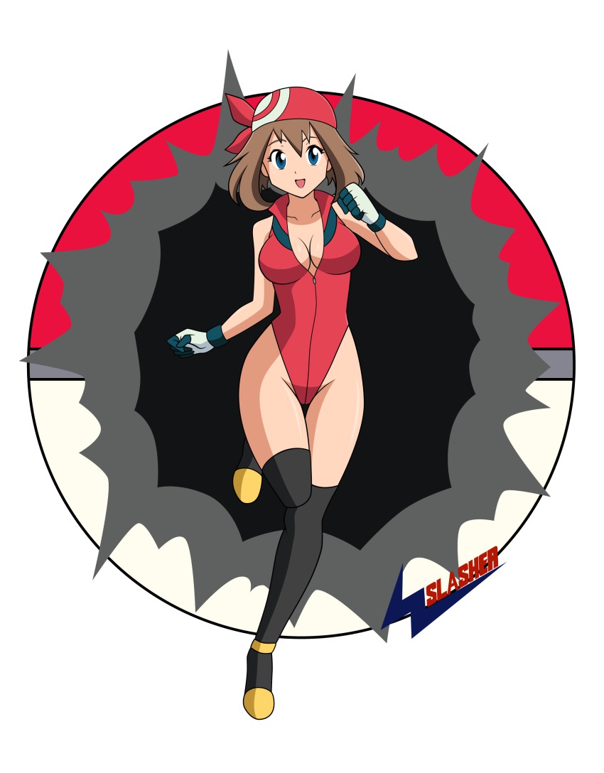 00s 1girl absurdres bandana bare_shoulders black_thighhighs blue_eyes breasts brown_hair cleavage collarbone female_focus gloves hair_ribbon highleg highleg_leotard highres large_breasts legs leotard looking_at_viewer may_(pokemon) nintendo open_mouth poke_ball pokemon pokemon_rse ribbon running shoes short_hair sleeveless solo thighhighs thighs wslasher yellow_shoes zipper