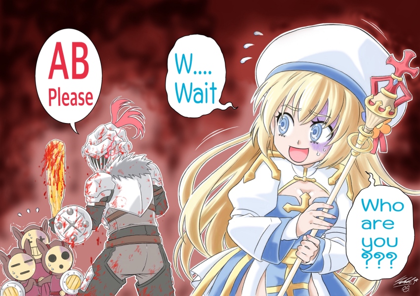 1boy 1girl arch_bishop_(ragnarok_online) blonde_hair blood blood_on_clothes blue_dress blue_eyes breasts cleavage cleavage_cutout clothing_cutout club_(weapon) commentary cowboy_shot crosier cross crossover dress english_text gloom_(expression) goblin_(ragnarok_online) goblin_mask goblin_slayer goblin_slayer! hat highres holding holding_staff juliet_sleeves kolulusakol long_hair long_sleeves looking_at_another masked open_mouth puffy_sleeves ragnarok_online red_background sash shield smile staff tam_(ragnarok_online) trembling two-tone_dress weapon white_dress white_hat yellow_sash