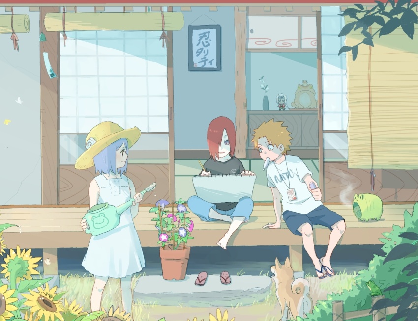 1girl 2boys dog dress flower hat holding jiraiya_(naruto) konan_(naruto) meitarou multiple_boys nagato_(naruto) naruto_(series) naruto_shippuuden orange_hair red_hair shirt short_hair shorts sitting smile straw_hat sunflower yahiko_(naruto)