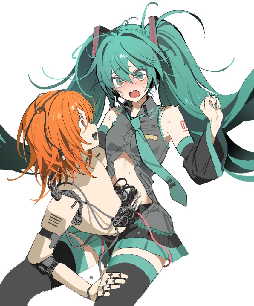 2girls a.i._voice adachi_rei android aqua_eyes aqua_hair aqua_nails aqua_necktie aqua_trim arm_tattoo bare_shoulders black_boots black_skirt black_sleeves blush boots breast_pocket breasts cable collared_shirt conjoined cowboy_shot detached_sleeves facing_viewer frilled_shirt frills grey_shirt hair_between_eyes hair_ornament hand_on_another&#039;s_thigh hand_up hatsune_miku highres joints long_hair looking_at_another mechabare medium_hair multiple_girls natwjeq necktie number_tattoo orange_eyes orange_hair partially_unbuttoned pleated_skirt pocket robot_joints shirt sidelocks simple_background sitting skirt sleeveless sleeveless_shirt small_breasts sweat tattoo teeth thigh_boots thighhighs tie_clip tongue twintails upper_teeth_only utau very_long_hair vocaloid white_background wide-eyed wide_sleeves zettai_ryouiki