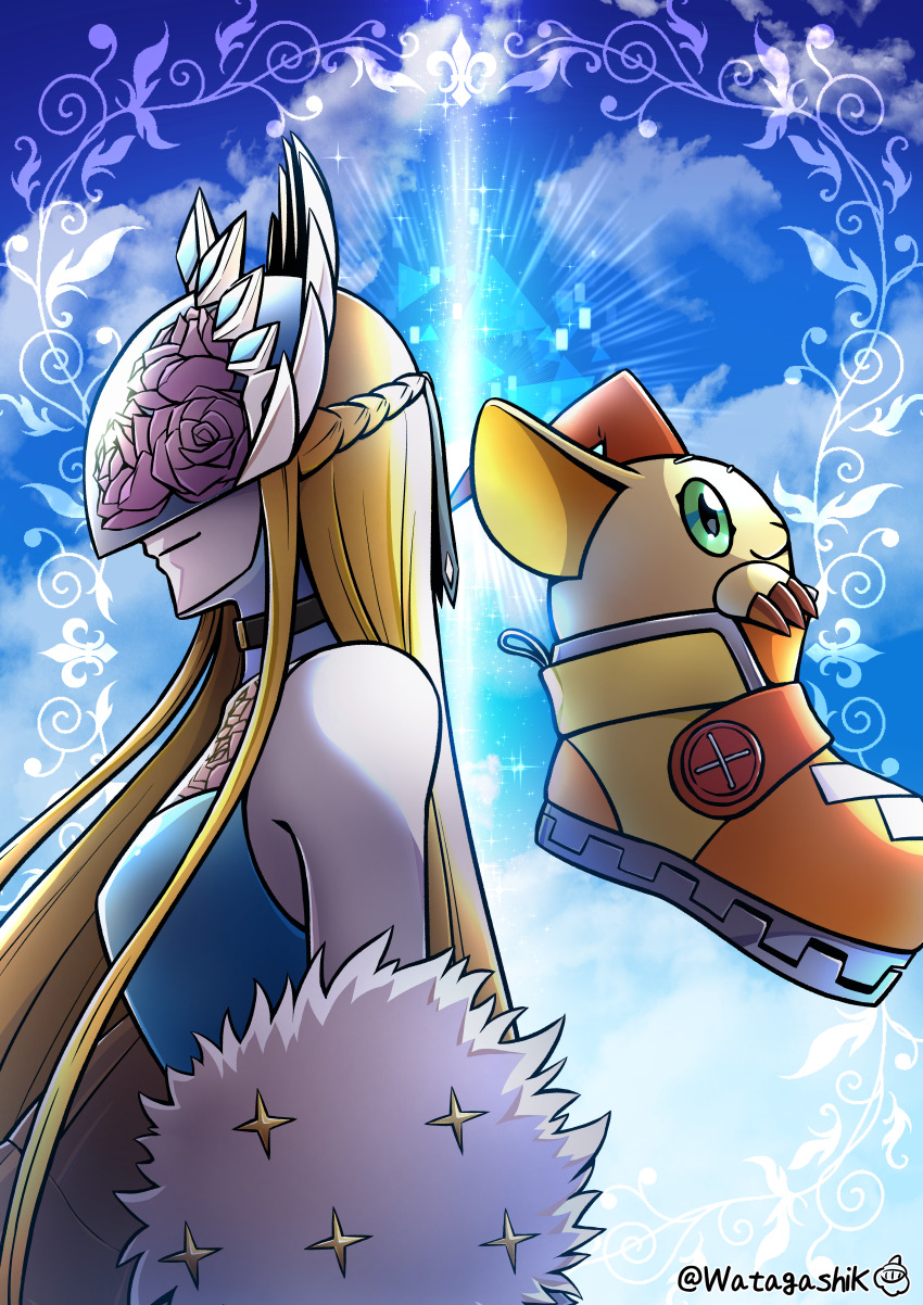 absurdres back-to-back cendrillmon digimon digimon_(creature) digimon_liberator flower highres long_hair mask shoemon shoes watagashikn