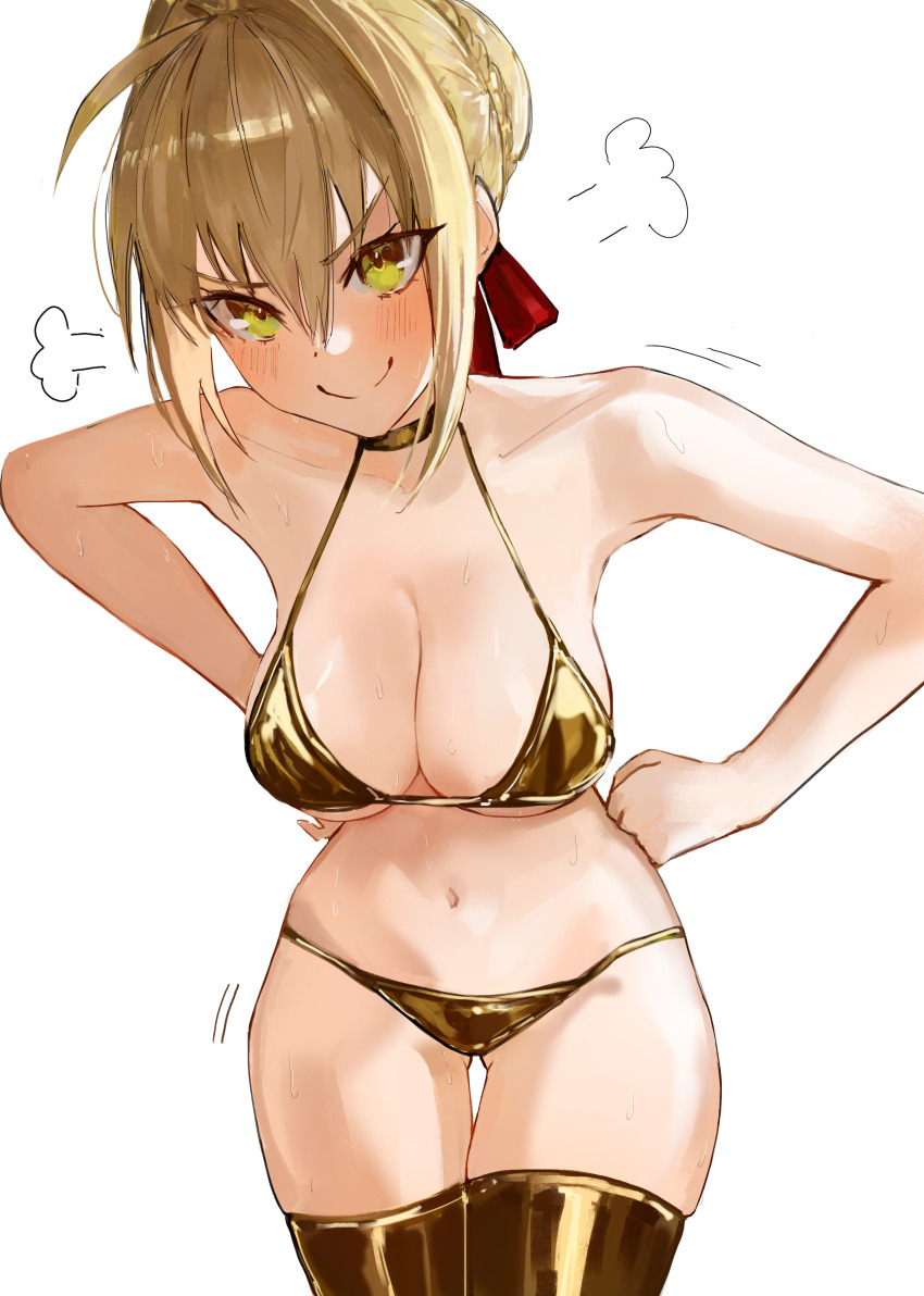 1girl absurdres ahoge alternate_costume bad_tag bare_shoulders bikini blonde_hair blush braid breasts choker cleavage fate/extra fate_(series) gluteal_fold gold_bikini gold_thighhighs green_eyes hair_bun hair_intakes hair_ribbon hands_on_own_hips highres large_breasts looking_at_viewer medium_hair navel nero_claudius_(fate) red_ribbon ribbon simple_background smile solo stomach sweat swimsuit thigh_gap white_background yotsutsu428
