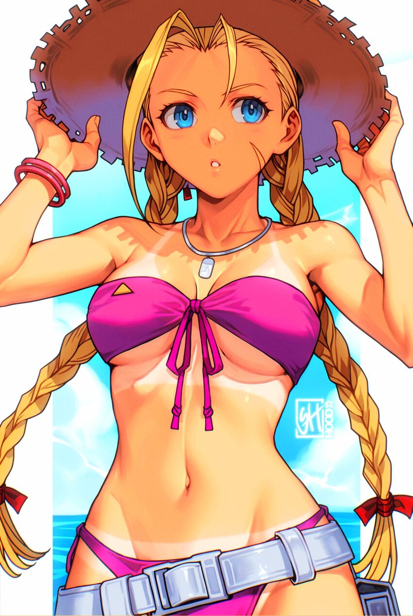 1girl alternate_costume beach belt bikini blonde_hair blue_eyes bracelet braid cammy_white curvy front-tie_bikini_top front-tie_top hat highres jewelry looking_at_viewer looking_to_the_side loose_belt low_twin_braids official_alternate_costume pink_bikini scar scar_on_face shiny_skin skaggshood solo strapless strapless_bikini straw_hat street_fighter street_fighter_6 swimsuit tan tanline twin_braids wide_hips