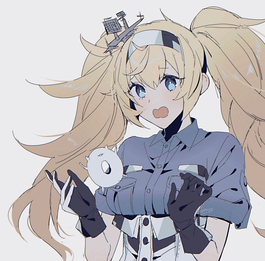 1girl blonde_hair blue_eyes blue_shirt breast_pocket breasts collared_shirt enemy_lifebuoy_(kancolle) gambier_bay_(kancolle) gloves grey_background hair_between_eyes hairband hane_(hane_0928) headgear high-waist_shorts kantai_collection long_hair open_mouth pocket shirt shorts sidelocks simple_background twintails twitter_username upper_body