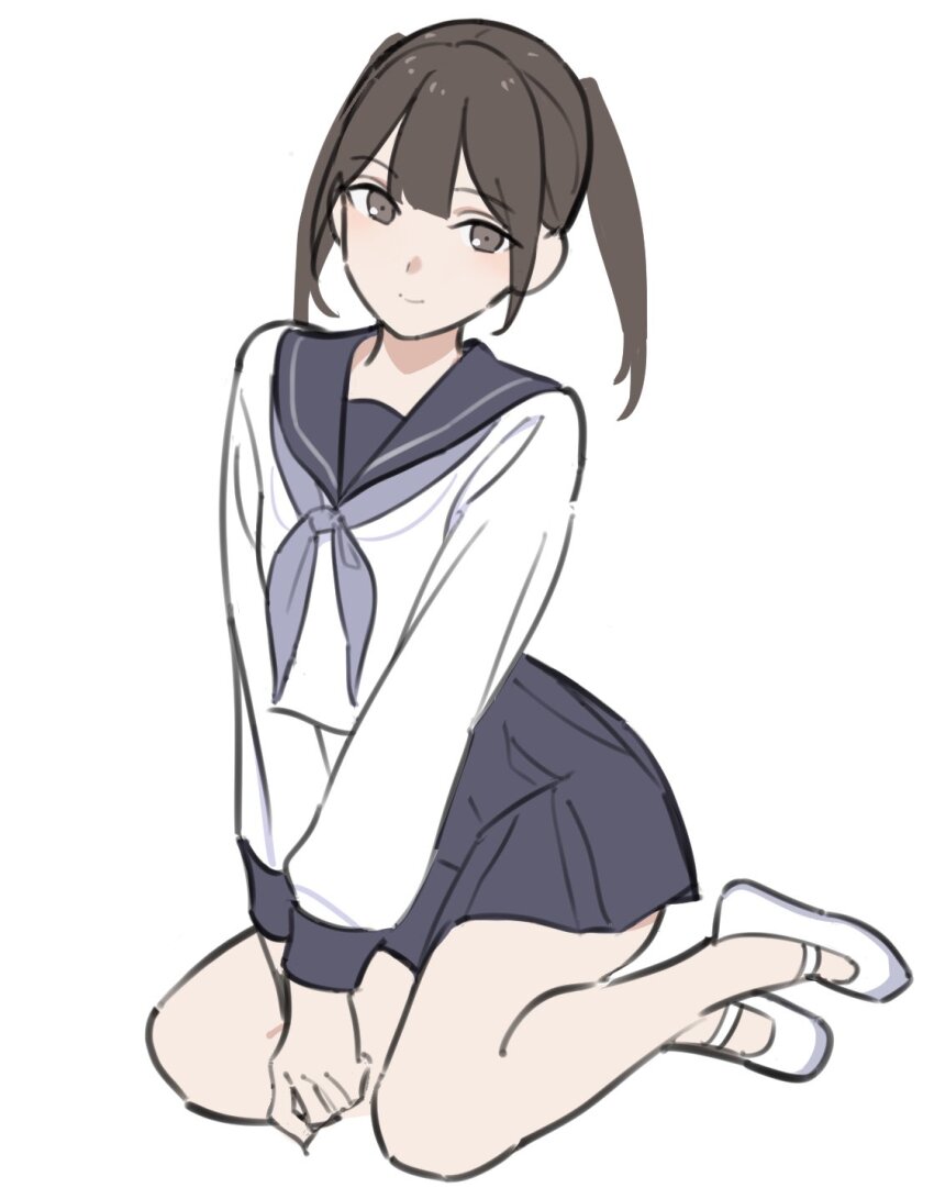 1girl black_hair blue_sailor_collar blue_skirt blush bow breasts closed_mouth grey_eyes highres kashiwa_(iersansi) long_sleeves looking_at_viewer original pleated_skirt sailor_collar shirt shoes short_hair simple_background skirt smile solo white_background white_shirt