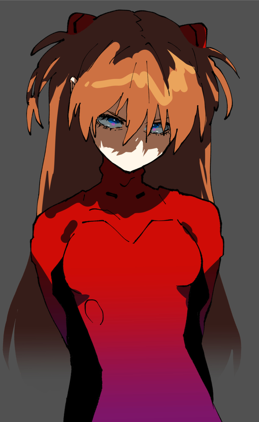 1girl blue_eyes bodysuit breasts brown_hair hair_between_eyes henriiku_(ahemaru) highres long_hair looking_at_viewer mecha_pilot_suit neon_genesis_evangelion plugsuit red_bodysuit shaded_face shiny_clothes solo souryuu_asuka_langley tsundere two_side_up wide_hips