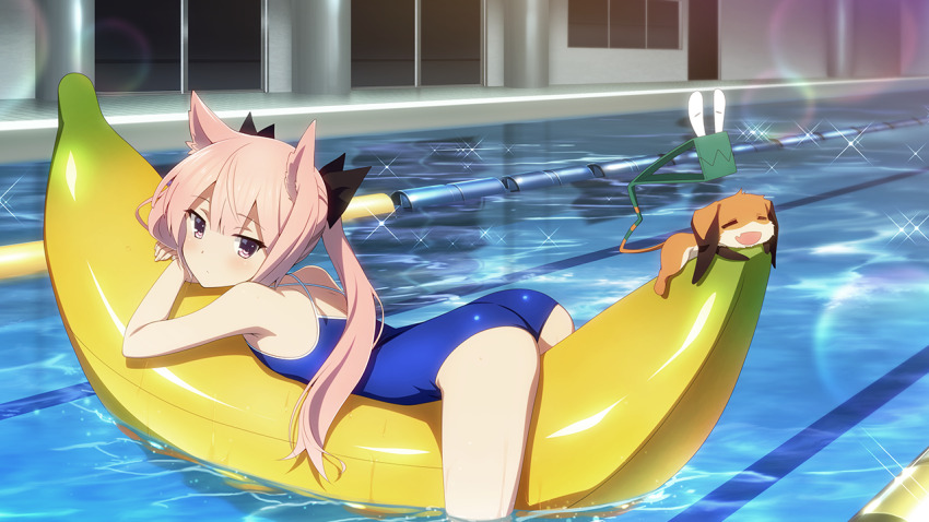 1girl afloat anime_coloring ass banana_boat blush breasts closed_eyes creature game_cg hair_ears hair_ornament hair_ribbon lane_line lens_flare long_hair looking_at_viewer lying mashiko_kaoru nene_(toji_no_miko) official_art on_stomach one-piece_swimsuit open_mouth pink_hair pool purple_eyes ribbon school_swimsuit small_breasts sparkle swimsuit toji_no_miko toji_no_miko:_kizamishi_issen_no_tomoshibi twintails water