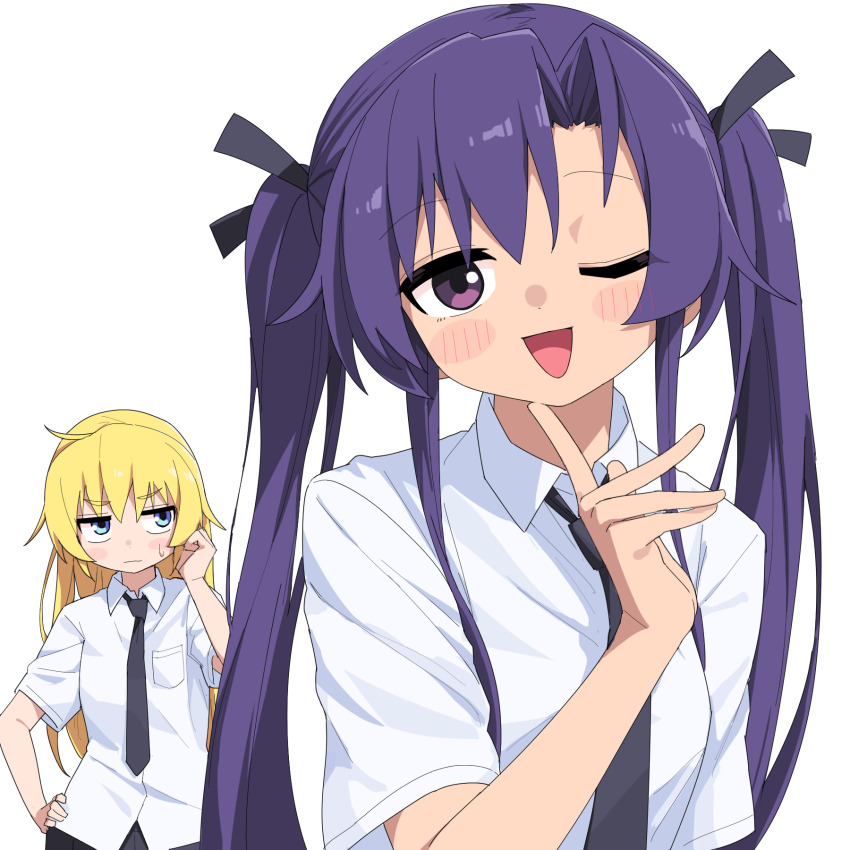 2girls alternate_hairstyle black_necktie black_ribbon blonde_hair blue_eyes blush breasts closed_mouth collared_shirt goshiki_agiri hair_ribbon hairstyle_switch hand_on_own_hip highres kill_me_baby long_hair looking_at_viewer multiple_girls necktie one_eye_closed open_mouth purple_eyes purple_hair ribbon shirt short_sleeves sidelocks simple_background sonya_(kill_me_baby) twintails white_background white_shirt yachima_tana
