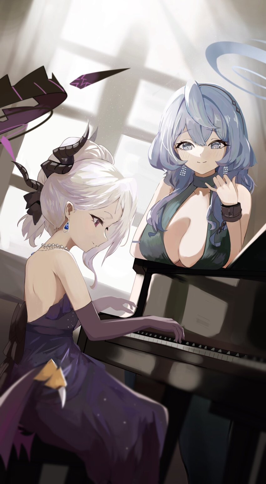 2girls ako_(blue_archive) ako_(dress)_(blue_archive) black_halo black_horns black_wings blue_archive blue_gemstone blue_hair blue_halo blush breasts cleavage closed_mouth commentary_request day dress earrings elbow_gloves gem gloves grand_piano halo hand_up highres hina_(blue_archive) hina_(dress)_(blue_archive) horns indoors instrument jewelry kuromame_(meekaki96) large_breasts long_hair looking_at_another low_wings multiple_girls multiple_horns music official_alternate_costume piano playing_instrument playing_piano purple_dress purple_eyes purple_gloves sitting smile strapless strapless_dress teardrop-shaped_gem very_long_hair white_hair window wings