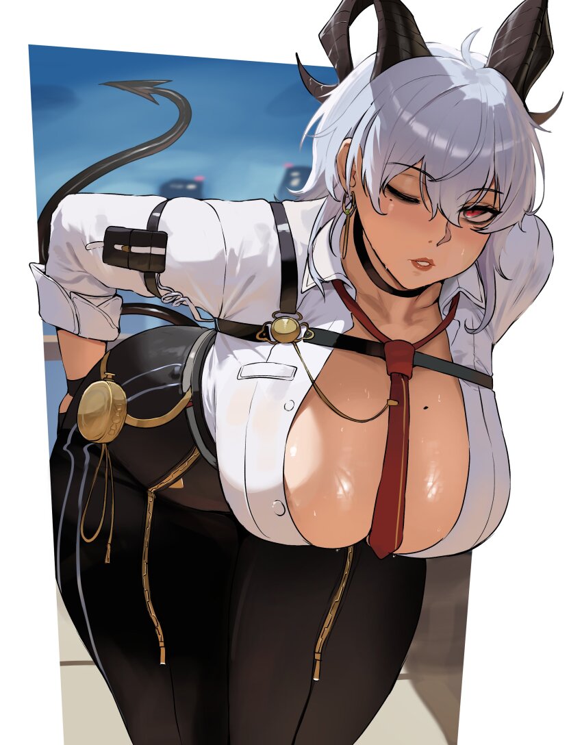 1girl absurdres arm_pouch armband black_armband black_choker black_gloves black_horns black_pants black_pouch black_tail border breasts button_gap chest_harness choker closed_mouth curled_horns earrings ethan69_(anhuzart) gloves hair_between_eyes harness high-waist_pants highres horns jewelry key_earrings large_breasts long_hair looking_at_viewer necktie necktie_around_wrists pants red_eyes red_necktie shirt solo tight_clothes tight_pants white_border white_shirt wuthering_waves zani_(wuthering_waves)