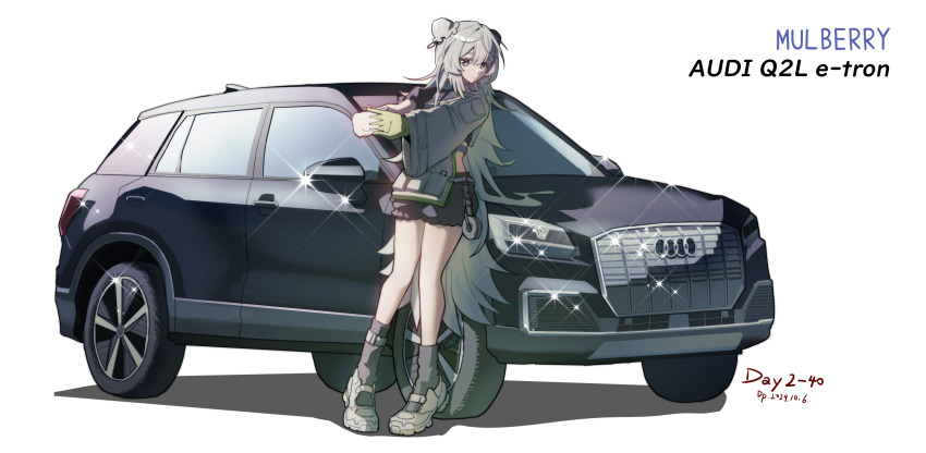 1girl absurdres arknights asymmetrical_sleeves audi audi_q2l_e-tron black_bloomers black_socks bloomers bun_cover car character_name dated double_bun gaoling_gangqin gloves green_gloves grey_eyes grey_hair hair_bun highres long_hair mismatched_sleeves motor_vehicle mulberry_(arknights) mulberry_(plant_crude_drug)_(arknights) official_alternate_costume single_glove socks solo sports_utility_vehicle underwear uneven_sleeves very_long_hair white_footwear
