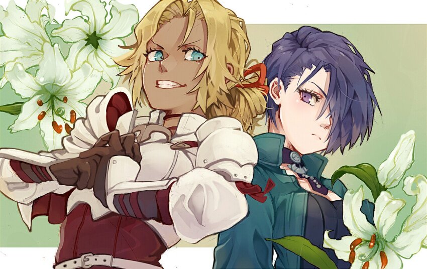 2girls armor blonde_hair blue_eyes brown_eyes brown_gloves catherine_(fire_emblem) fire_emblem fire_emblem:_three_houses flower gloves green_jacket jacket multiple_girls nintendo parted_bangs ponytail shamir_nevrand upper_body white_armor yachimata_1205