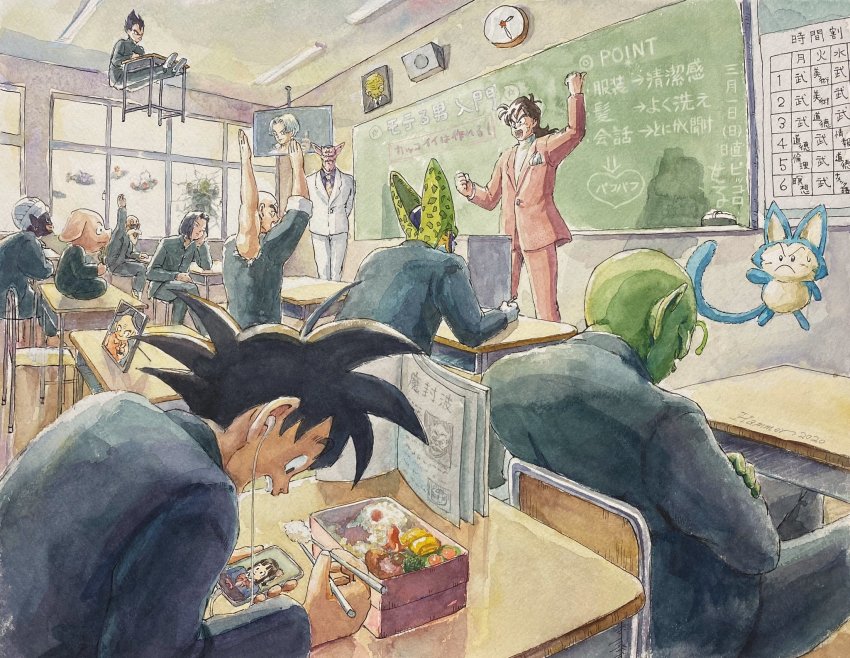 2020 6+boys android_17 antennae arm_up artist_name babidi bald beard bento black_eyes black_hair broken_window burter captain_ginyu cell_(dragon_ball) cellphone chair chalkboard chi-chi_(dragon_ball) chopsticks classroom clock closed_eyes colored_skin crash crossed_arms dabura desk dragon_ball dragonball_z earphones earrings eating extra_arms facial_hair facial_mark facial_scar floating flying food forehead_mark formal_clothes gakuran ginyu_force green_skin guldo hammar_dobucof highres horns iei indian_style indoors jeice jewelry kuririn levitation long_hair male_focus mister_popo multiple_boys mutaito_(dragon_ball) muten_roushi necktie on_desk oolong open_mouth painting_(medium) perfect_cell phone photo_(object) piccolo podium pointing pointy_ears puar recoome scar scar_on_cheek scar_on_face school_chair school_desk school_uniform signature sitting smartphone son_goku standing suit sunglasses television tenshinhan thumbs_up traditional_media translation_request trunks_(dragon_ball) trunks_(future)_(dragon_ball) turban vegeta watercolor_(medium) white_hair white_suit yamcha