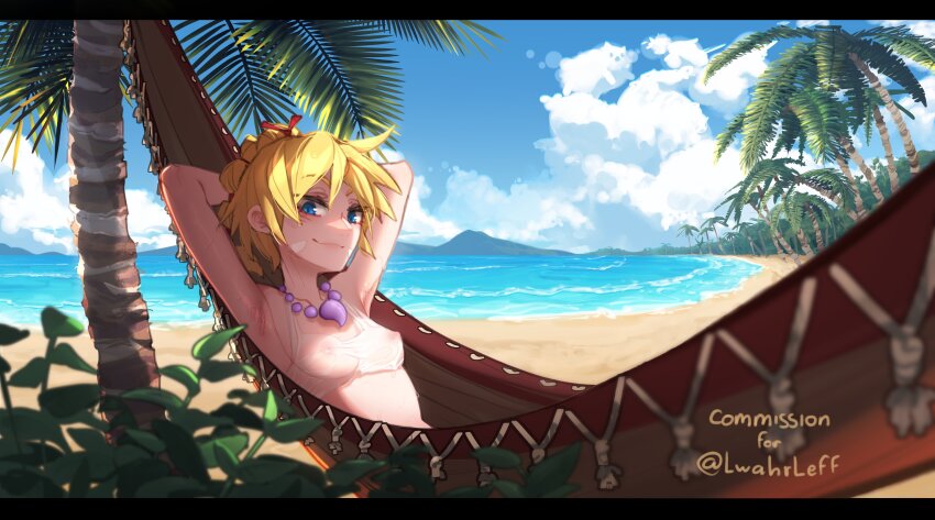 1girl absurdres armpit_hair armpits arms_behind_head bare_shoulders beach bead_necklace beads blonde_hair blue_eyes breasts chrono_cross cloud collarbone commission covered_erect_nipples day hair_between_eyes hair_ribbon highres jewelry kid_(chrono_cross) looking_at_viewer necklace ocean original outdoors palm_tree popopoka red_ribbon ribbon see-through_clothes short_hair small_breasts smile solo tooth_necklace tree upper_body