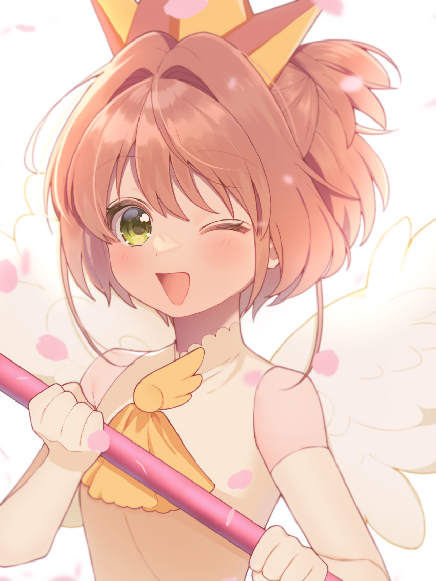 1girl absurdres angel_wings ascot cardcaptor_sakura collared_shirt crown elbow_gloves gloves green_eyes hair_intakes highres holding holding_wand kinomoto_sakura kinomoto_sakura_(miraculous_sakura) light_brown_hair one_eye_closed open_mouth pink_petals sakuragi_riho_(minamisakura0517) shirt short_hair sleeveless sleeveless_shirt smile solo upper_body wand white_gloves white_shirt white_wings wings yellow_ascot