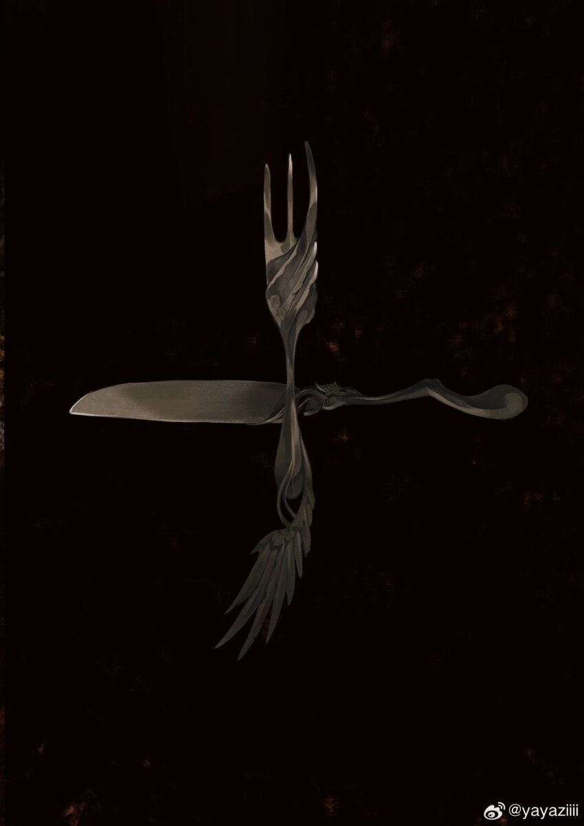 black_background chinese_commentary commentary_request dungeon_meshi fork french_commentary highres knife mixed-language_commentary no_humans object_focus simple_background watermark weibo_watermark yayaziiii