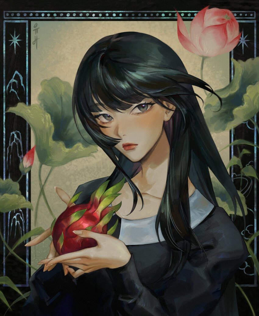 1girl black_dress black_eyes black_hair collarbone commentary dress english_commentary expressionless flower food fruit highres holding holding_food holding_fruit kgynh long_hair looking_at_viewer lotus real_life red_velvet_(group) seulgi_(red_velvet) solo upper_body