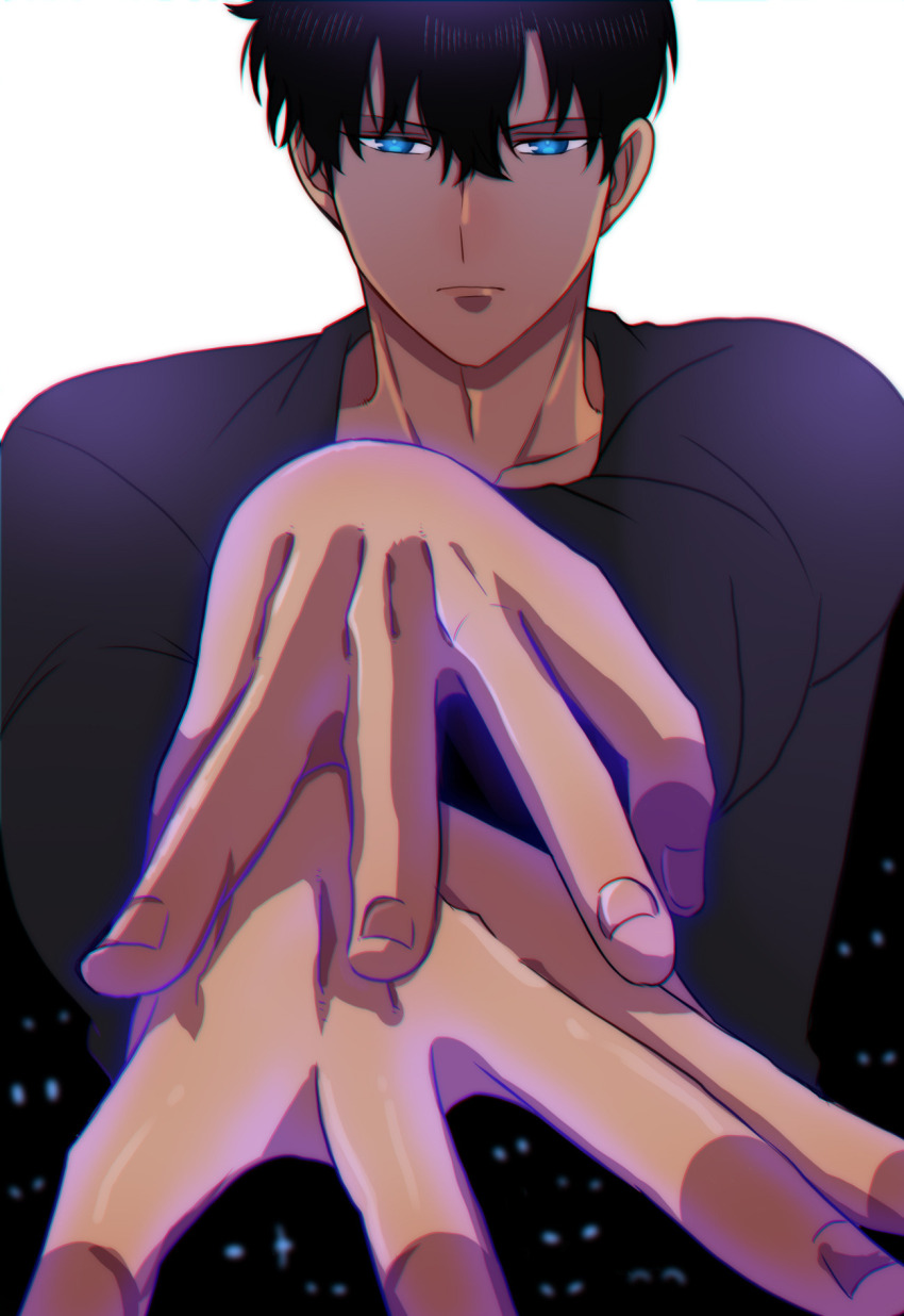 1boy 6+others akina_(user_htkx7587) aura black_hair black_shirt bloom blue_eyes collarbone darkness expressionless glowing glowing_eyes glowing_hand hair_between_eyes highres long_sleeves male_focus multiple_others purple_aura shirt short_hair solo_leveling sung_jin-woo white_background