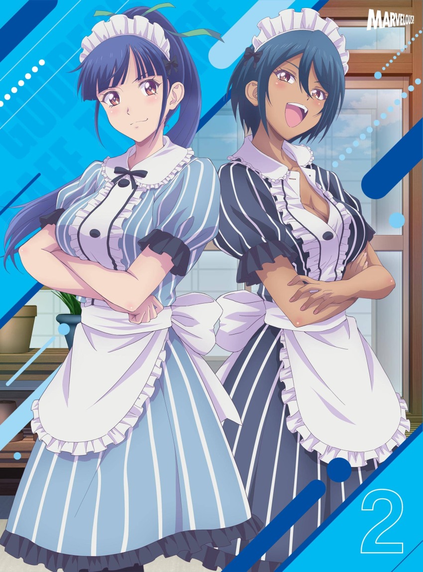2girls absurdres album_cover apron arms_under_breasts azuma_valentina black_dress black_hair blu-ray_cover blush breasts brown_eyes cleavage closed_mouth collared_dress cover dress familia_uniform frilled_apron frilled_dress frills green_ribbon hair_ribbon high_ponytail highres indoors long_hair looking_at_viewer maid maid_headdress medium_breasts megami_no_cafe_terrace multiple_girls noguchi_masatsune open_clothes open_mouth open_shirt ponytail ribbon second-party_source short_hair short_sleeves standing striped_clothes striped_dress teeth tsuruga_ami two-tone_dress upper_teeth_only vertical-striped_clothes vertical-striped_dress waist_apron waitress white_apron white_dress white_headdress