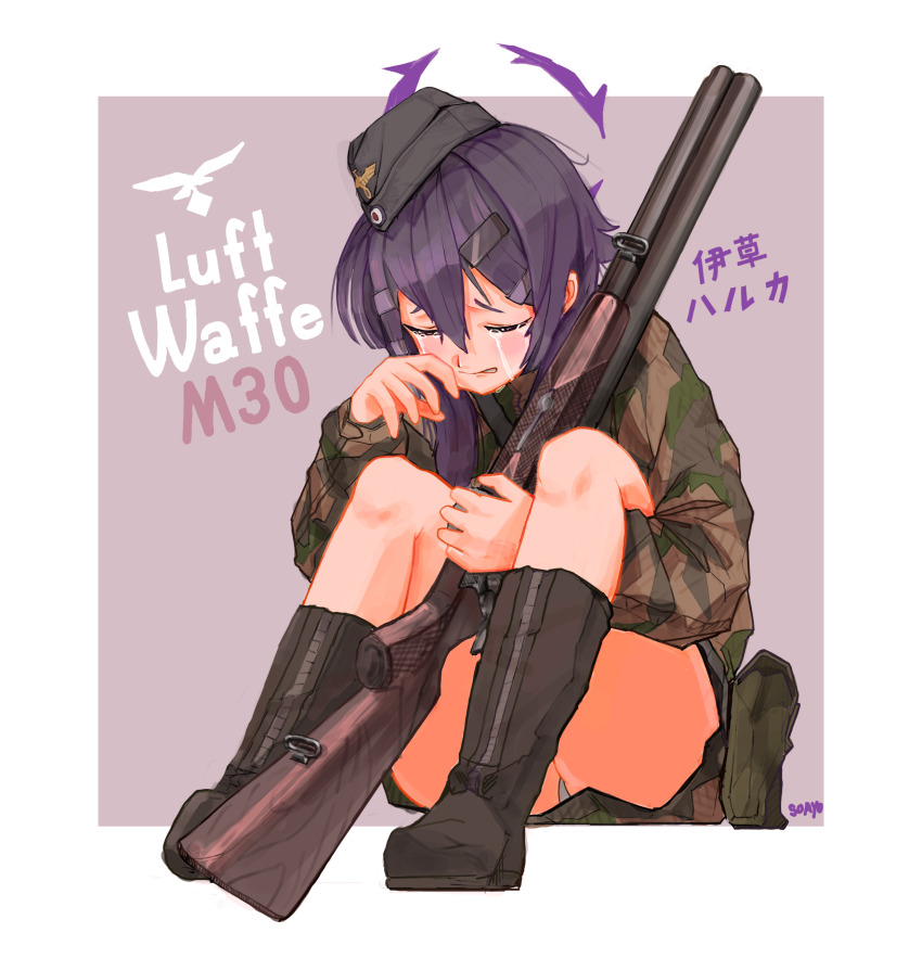 1girl absurdres alternate_costume artist_name bad_id bad_pixiv_id blue_archive boots border brown_boots camouflage clenched_teeth closed_eyes crying double-barreled_shotgun garrison_cap grey_hat gun hair_ornament hairclip halo haruka_(blue_archive) hat highres holding holding_gun holding_weapon luftwaffe military military_hat military_uniform pouch purple_background purple_hair reichsadler shotgun simple_background sitting soayo solo tears teeth weapon wiping_tears world_war_ii