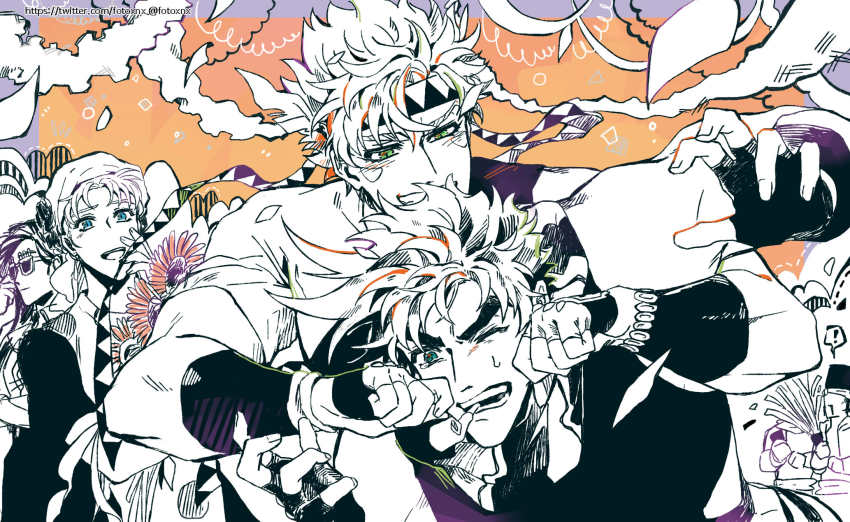 ! 2girls 4boys aqua_eyes bandana battle_tendency birthday caesar_anthonio_zeppeli cheek_pinching commentary confetti facial_hair facial_mark feather_hair_ornament feathers fingerless_gloves flower gloves green_eyes grin hair_flower hair_ornament hand_up headband highres holding holding_party_popper jojo_no_kimyou_na_bouken joseph_joestar joseph_joestar_(young) lisa_lisa loggins_(jojo) long_hair male_focus messina_(jojo) multiple_boys multiple_girls mustache nigelungdayo novelty_glasses one_eye_closed open_mouth partially_colored party_horn party_popper pinching scarf shirt short_hair short_sleeves single_strap sleeveless smile spoken_exclamation_mark streamers striped_clothes striped_scarf sunflower sunglasses suzi_q sweatdrop symbol-only_commentary tearing_up teasing triangle_print watermark web_address wince