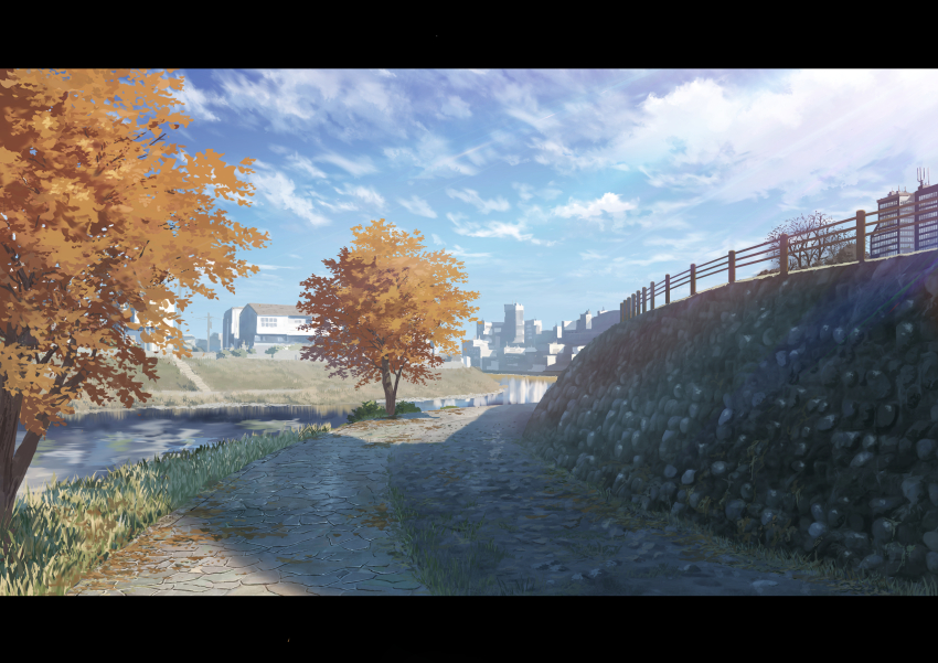 absurdres autumn autumn_leaves blue_sky building canal city cloud cloudy_sky day fence grass highres leaf no_humans original outdoors path road scenery sky sumassha_t_t water wooden_fence