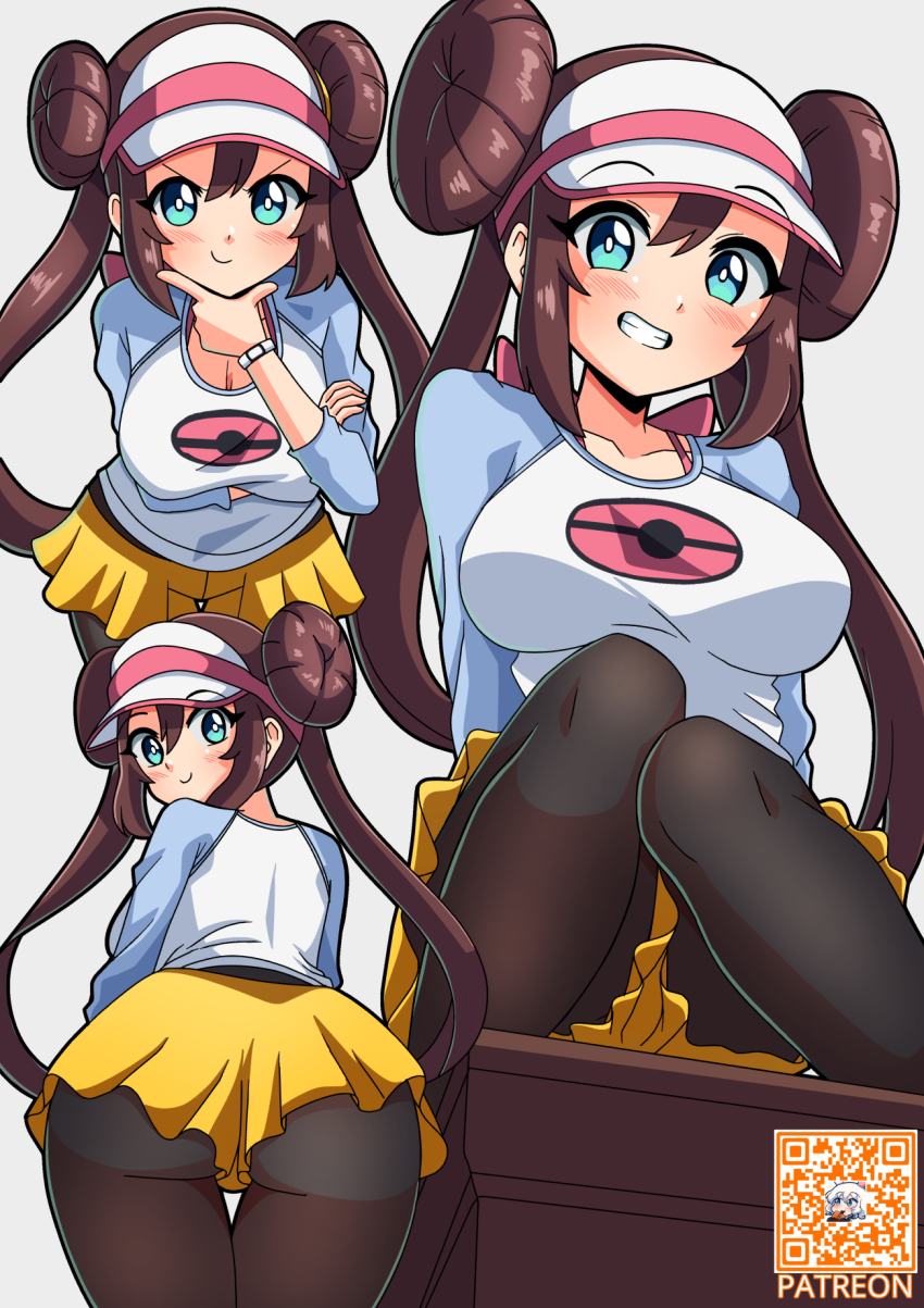 1girl acefish arm_under_breasts ass black_pantyhose blue_eyes blue_sleeves blush bow breasts brown_hair double_bun hair_bun hand_on_own_chin highres knees_together_feet_apart large_breasts leaning_forward looking_at_viewer looking_back nintendo pantyhose pink_bow poke_ball_print pokemon pokemon_bw2 rosa_(pokemon) shirt skirt smile teeth twintails two-tone_shirt visor_cap watch white_background white_shirt wristwatch yellow_skirt