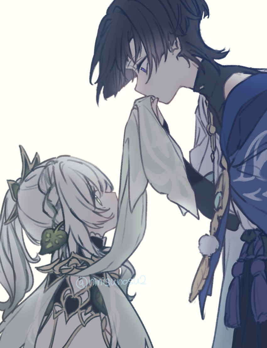 1boy 1girl armor bell belt black_belt black_bodysuit black_bridal_gauntlets black_hair blue_cape blue_gemstone blue_sleeves bodysuit bridal_gauntlets cape dress eyelashes feathers gem genshin_impact gold green_cape green_eyes green_hair hair_ornament half-closed_eyes half_crown_braid head_down height_difference hetero highres holding holding_unworn_cape holding_unworn_clothes japanese_armor kissing_clothes kote kurokote layered_sleeves leaf leaf_hair_ornament long_hair looking_at_another looking_down looking_up nahida_(genshin_impact) ninisunosu2 pom_pom_(clothes) purple_eyes purple_rope rope scaramouche_(genshin_impact) short_sleeves side_ponytail sidelocks turtleneck turtleneck_bodysuit unworn_cape vision_(genshin_impact) wanderer_(genshin_impact) white_background white_dress white_hair white_sleeves white_trim yellow_feathers