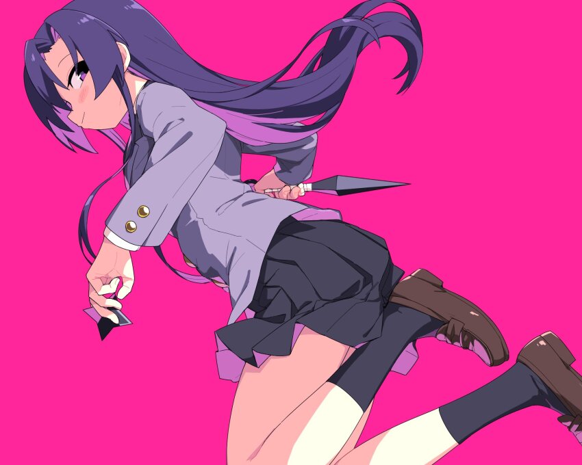 1girl black_skirt black_socks blush_stickers brown_shoes closed_mouth commentary_request curtained_hair dutch_angle floating_hair goshiki_agiri grey_jacket highres holding holding_knife holding_shuriken holding_weapon jacket kill_me_baby knife kunai loafers long_hair looking_at_viewer looking_to_the_side pleated_skirt profile purple_eyes purple_hair school_uniform shoes shuriken skirt smile socks solo weapon yachima_tana