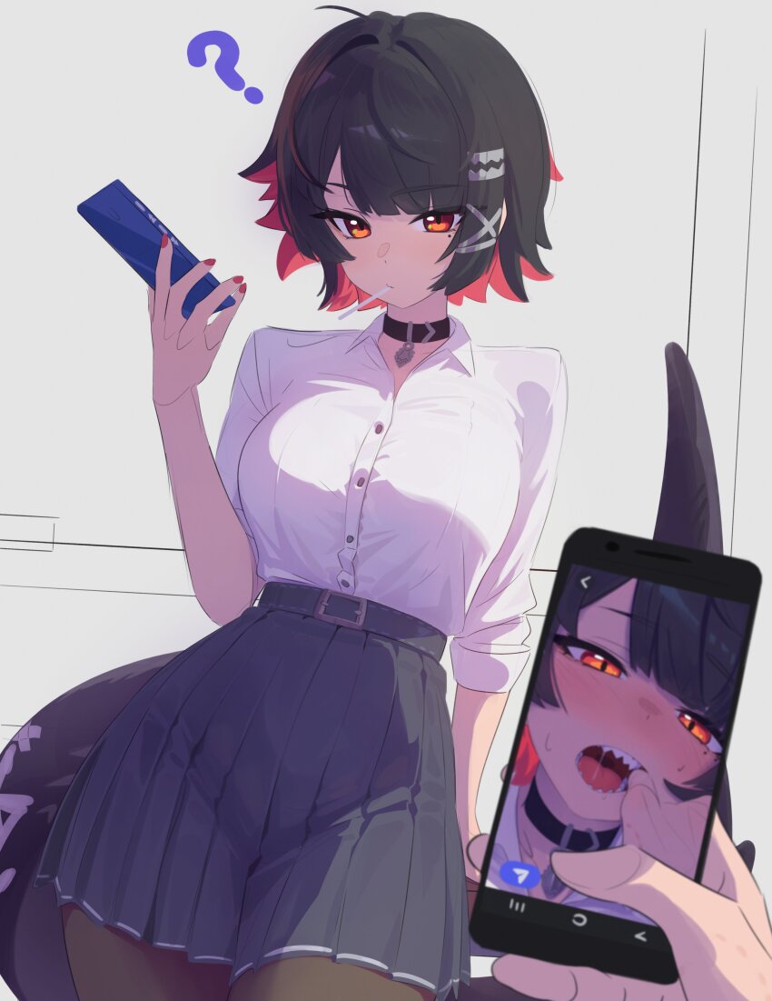 1girl 1other absurdres black_choker black_hair black_pantyhose black_skirt blush choker colored_inner_hair commentary daniel_deves ellen_joe ellen_joe_(on_campus) finger_in_another&#039;s_mouth fins fish_tail highres holding holding_phone lollipop_in_mouth looking_at_viewer mole mole_under_eye multicolored_hair pantyhose phone pleated_skirt pov razor_blade_hair_ornament red_nails shark_girl shark_tail sharp_teeth shirt skirt tail teeth white_shirt zenless_zone_zero