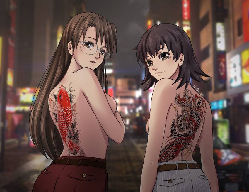 2girls azumanga_daiou back_tattoo breasts brown_eyes brown_hair city commentary commission fish_tattoo from_behind glasses highres korzynka_persykiv long_hair looking_back medium_breasts medium_hair mizuhara_koyomi multiple_girls night pants photo_background red_pants ryuu_ga_gotoku_(series) ryuu_ga_gotoku_1 signature striped_clothes striped_pants takino_tomo tattoo topless_female yakuza