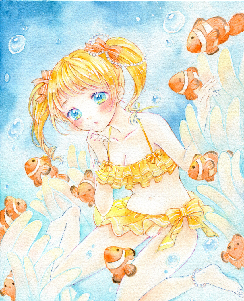 1girl absurdres air_bubble amu_(m_aa) anklet barefoot bead_anklet bead_bracelet beads bikini blue_eyes blush bracelet breasts bubble cleavage clownfish collarbone eyelashes fish frilled_bikini frills highres jewelry marker_(medium) navel orange_hair original painting_(medium) parted_lips sea_anemone short_twintails sitting solo swimsuit traditional_media twintails wariza watercolor_(medium)