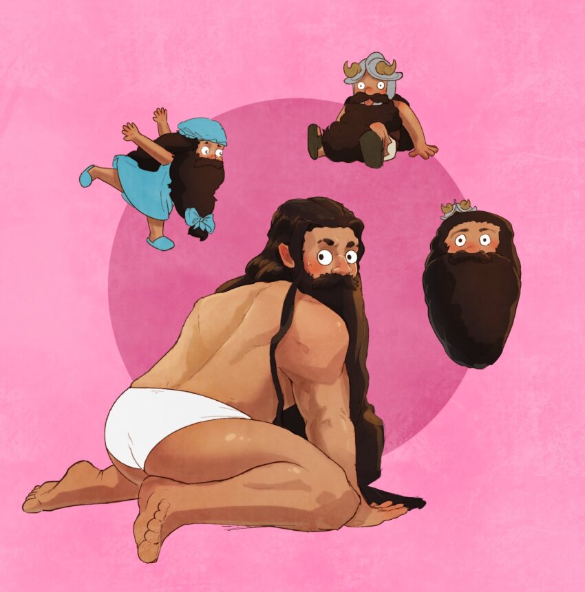 1boy ass bara beard beard_bow blank_stare blush briefs brown_hair collage cropped_head dane_(lunorevo) dark-skinned_male dark_skin deformed dungeon_meshi dwarf facial_hair fake_horns full_body helmet highres horned_helmet horns kneeling long_beard looking_ahead looking_back male_focus male_underwear mustache pink_background sanpaku senshi_(dungeon_meshi) sitting tareme thick_mustache toned toned_male underwear very_long_beard