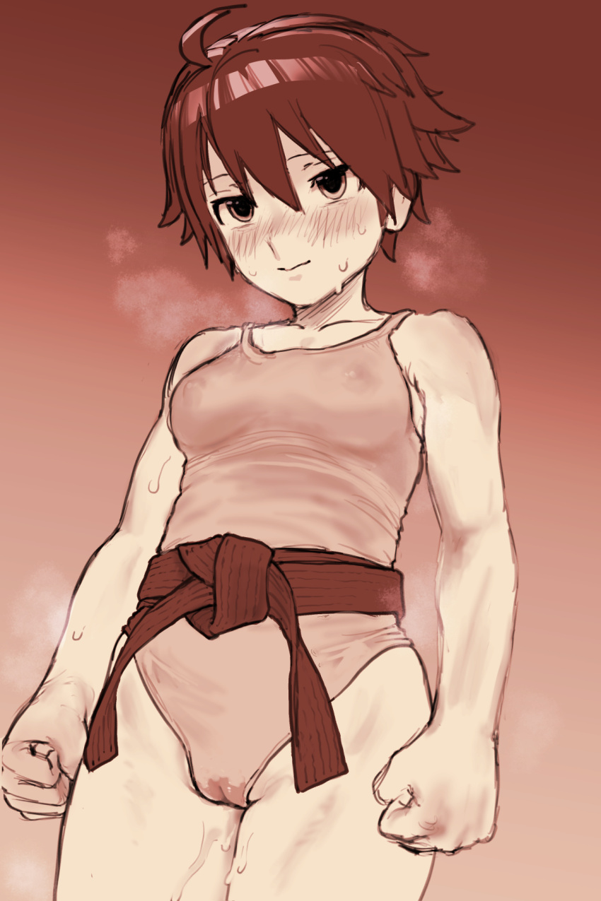 1girl 2equal8 ahoge arms_at_sides aroused belt blush breasts breath brown_background cameltoe clenched_hands closed_mouth collarbone commentary covered_erect_nipples cowboy_shot dream_c_club dream_c_club_(series) embarrassed gradient_background hair_between_eyes highres monochrome nao_(dream_c_club) nose_blush one-piece_swimsuit pussy_juice sepia short_hair small_breasts solo standing steam steaming_body sweat swimsuit tomboy very_short_hair wet_crotch white_background
