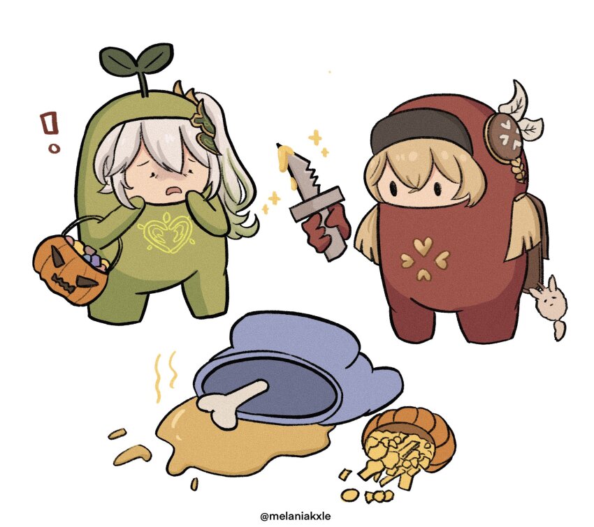 ! 2girls alternate_costume among_us backpack bag bag_charm basket bone candy charm_(object) clover_print combat_knife commentary cosplay crewmate_(among_us) crewmate_(among_us)_(cosplay) disembodied_hand dodoco_(genshin_impact) elbow_carry english_commentary food full_body genshin_impact green_(among_us) hair_between_eyes hair_ornament highres holding holding_basket holding_knife impostor_(among_us) impostor_(among_us)_(cosplay) jack-o&#039;-lantern klee_(genshin_impact) knife leaf_hair_ornament light_brown_hair long_hair long_sleeves looking_at_another low_twintails multicolored_hair multiple_girls nahida_(genshin_impact) pointy_ears purple_(among_us) r_(melaniakxle) randoseru red_(among_us) side_ponytail sidelocks simple_background sparkle streaked_hair surprised twintails twitter_username two-tone_hair weapon white_background white_hair