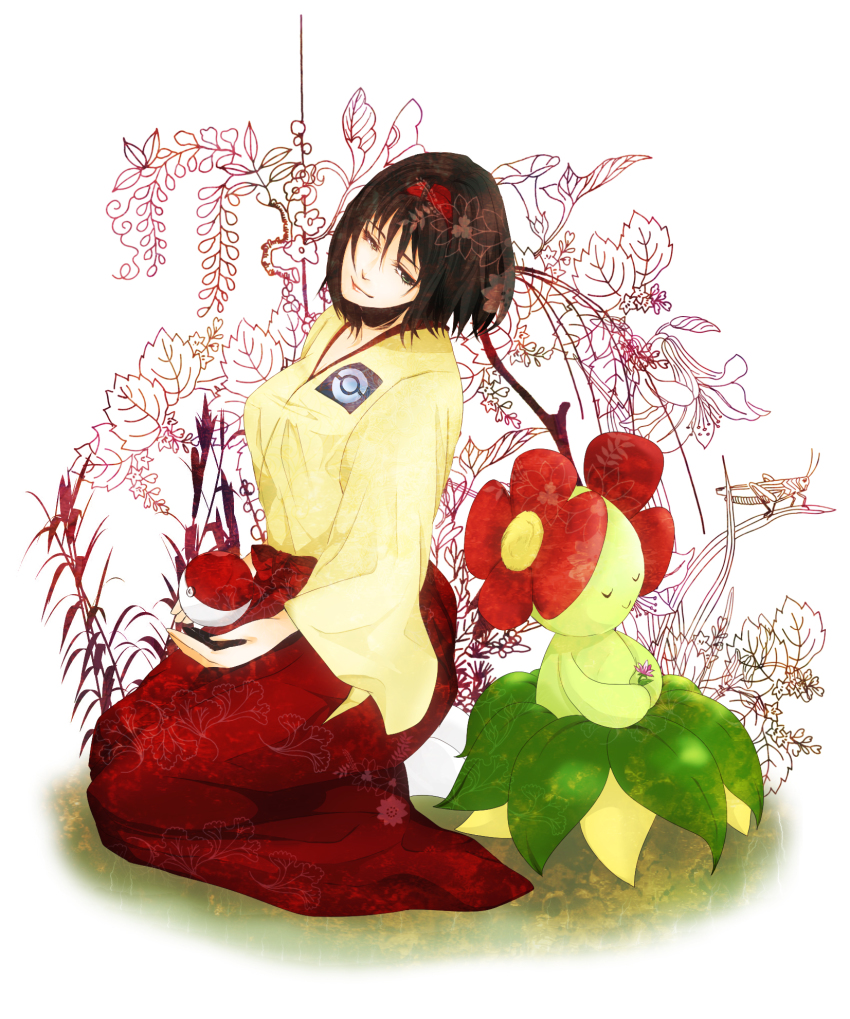 00s 1girl acm ashima015 bad_id bad_pixiv_id bellossom black_hair bug erika_(pokemon) flower gen_2_pokemon grasshopper green_eyes gym_leader headband highres holding holding_flower insect japanese_clothes kimono nintendo poke_ball pokemon pokemon_(creature) pokemon_frlg smile