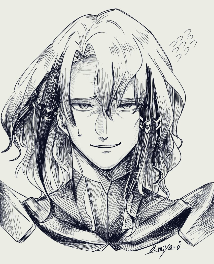 1boy absurdres cropped_shoulders fate/grand_order fate_(series) flying_sweatdrops gradient_hair greyscale highres medium_hair monochrome multicolored_hair nervous_smile o-miya_(ohmiya_you) odysseus_(fate) sidelocks signature smile solo upper_body white_background