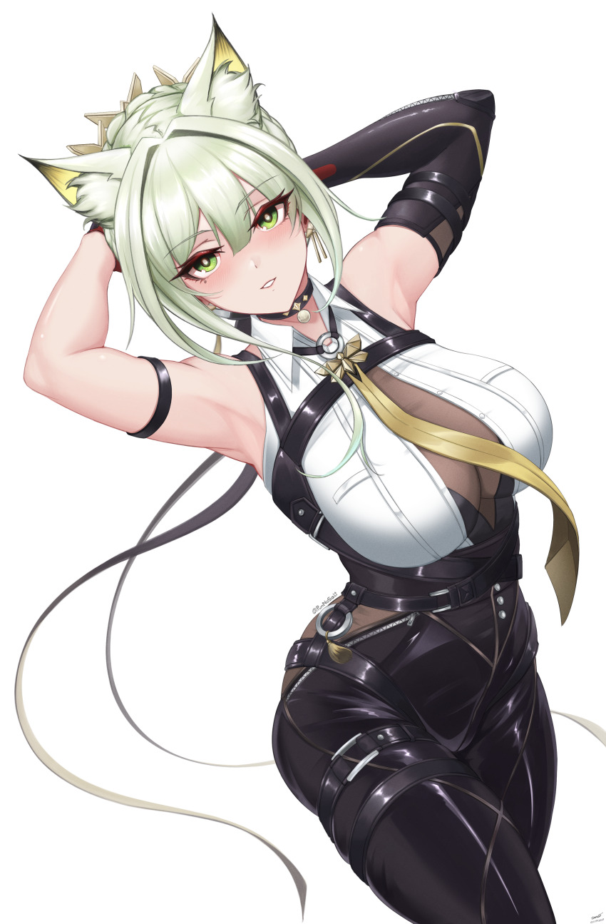 1girl absurdres animal_ear_fluff animal_ears arknights arm_strap armpits arms_behind_head arms_up bare_shoulders black_choker black_pants breasts cat_ears choker cosplay cowboy_shot evelyn_chevalier evelyn_chevalier_(cosplay) hair_between_eyes highres hikasa_youko kal&#039;tsit_(arknights) leggings necktie pants presenting_armpit punnosalt revision shirt simple_background sleeveless sleeveless_shirt solo standing thighs variant_set voice_actor_connection white_background white_shirt yellow_necktie zenless_zone_zero