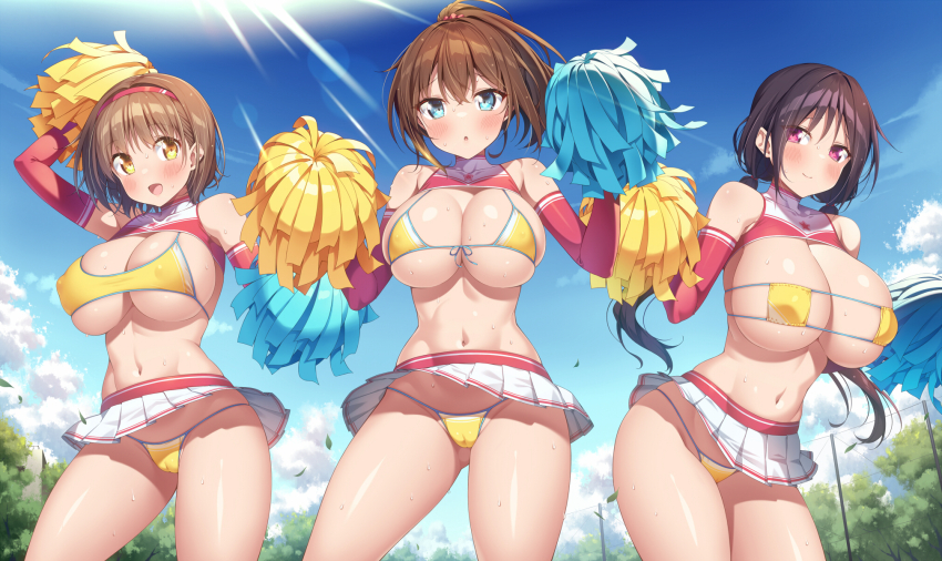 3girls amasawa_chigusa arm_up bare_shoulders bikini black_hair blue_eyes blue_sky blush bow breasts brown_eyes brown_hair cameltoe cheerleader cloud collarbone day elbow_gloves eyepatch_bikini gloves hair_between_eyes hair_ornament hairband hands_up highres holding hotaka_mai kazuma_(kazumav) large_breasts leaning_forward long_hair looking_at_viewer low_twintails micro_bikini miniskirt multiple_girls navel open_mouth original outdoors pom_pom_(cheerleading) ponytail short_hair skirt sky smile standing string_bikini swimsuit thighs tree twintails