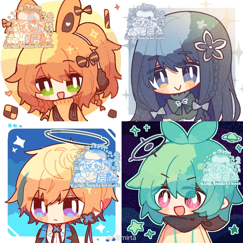 1boy 3girls :&gt; animal_ear_tattoo animal_ears black_hair black_halo black_jacket black_ribbon black_scarf blazer blue_hair blush_stickers bow bowtie braid brooch brown_bow brown_vest capelet checkerboard_cookie chibi chinese_commentary closed_mouth collared_capelet collared_jacket collared_shirt colored_inner_hair commentary_request commission cookie crosshair earmuffs earrings eyes_visible_through_hair flower flower_brooch flower_earrings food green_bow green_eyes green_hair grey_bow grey_bowtie grey_capelet grey_eyes hair_between_eyes hair_bow hair_flower hair_ornament halo heart heart_print heart_tattoo high_collar highres jacket jewelry lapels light_frown long_hair looking_at_viewer mirta mole mole_under_eye multicolored_hair multiple_girls neck_ribbon notched_lapels open_clothes open_jacket open_mouth open_vest orange_hair original outline pink_eyes planet ponytail purple_eyes rabbit_ears red_hair ribbon ribbon_earrings sample_watermark scarf shirt side_braid single_braid single_stripe smile space sparkle star_(symbol) streaked_hair striped_bow striped_clothes striped_shirt sweater tattoo traditional_halo turtleneck turtleneck_sweater twin_braids two-sided_fabric two-sided_jacket upper_body vertical-striped_clothes vertical-striped_shirt vest watermark weibo_watermark white_outline white_shirt yellow_shirt yellow_sweater zipper