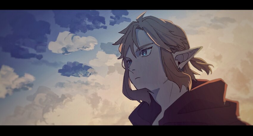 1boy adam&#039;s_apple blonde_hair blue_eyes cape closed_mouth cloud cloudy_sky earrings floating_hair frown highres jewelry letterboxed link long_pointy_ears looking_ahead male_focus nintendo piercing pointy_ears ponytail red_cape sanpaku short_ponytail single_earring sky solo teto_ten the_legend_of_zelda the_legend_of_zelda:_breath_of_the_wild