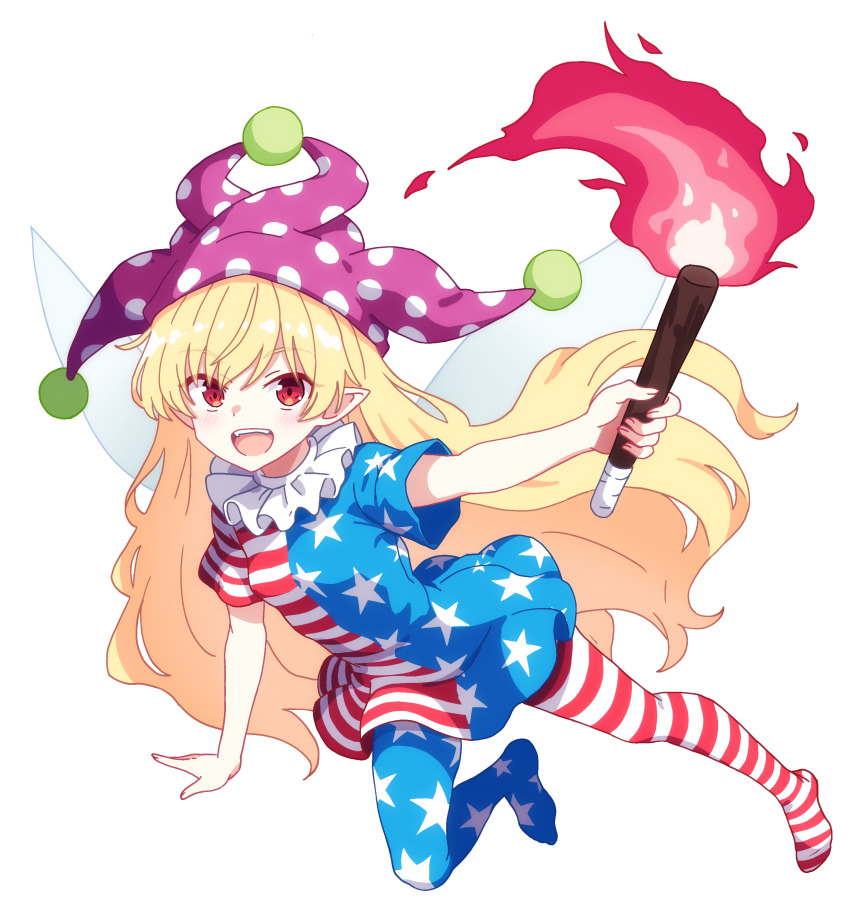 1girl absurdres american_flag american_flag_dress american_flag_legwear american_flag_print blue_dress blue_pantyhose blush clownpiece commentary dress fairy_wings flag_print hat highres holding holding_torch jester_cap long_hair looking_at_viewer multicolored_dress neck_ruff open_mouth pantyhose pioartstuff pointy_ears polka_dot polka_dot_headwear purple_hat red_dress red_eyes red_pantyhose short_sleeves smile solo star_(symbol) star_print striped_clothes striped_dress striped_pantyhose teeth torch touhou transparent_background upper_teeth_only very_long_hair wings