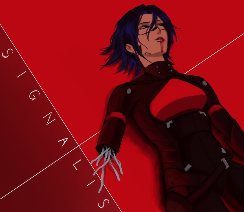 1girl blood blood_from_mouth commentary copyright_name elster_(signalis) hashtag-only_commentary highres joints lying on_back robot_girl robot_joints shampeew short_hair signalis solo wire