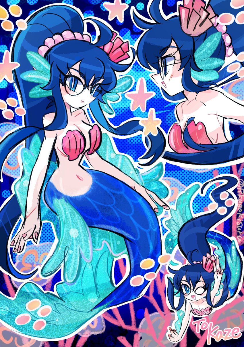 1girl ;d absurdres blue_eyes blue_hair blush breasts bright_pupils closed_mouth commentary_request commission from_side glasses highres long_eyelashes long_hair mermaid monster_girl multiple_views navel one_eye_closed open_mouth original outline pixiv_commission ponytail rakugaki_shitagari-ya shell shell_bikini smile star_(symbol) stomach v very_long_hair white_outline white_pupils